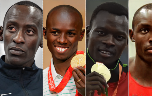 A collage of Kevin Kiptum, Samuel Wanjiru, Nicholas Bett and David Lelei