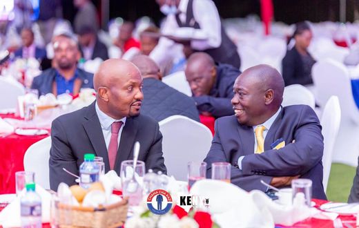 Kiambu gubernatorial candidate Moses Kuria with Kenya Kwanza presidential running mate Rigathi Gachagua during Kuria's manifesto launch on May 28, 2022