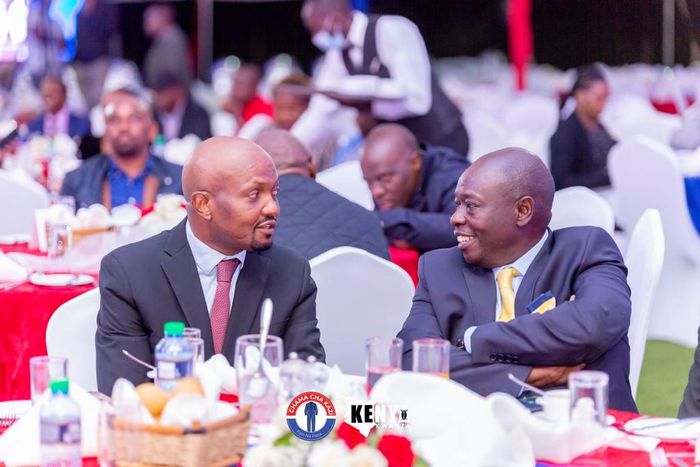 Kiambu gubernatorial candidate Moses Kuria with Kenya Kwanza presidential running mate Rigathi Gachagua during Kuria's manifesto launch on May 28, 2022