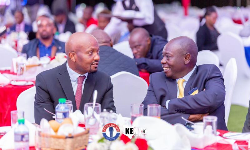 Kiambu gubernatorial candidate Moses Kuria with Kenya Kwanza presidential running mate Rigathi Gachagua during Kuria's manifesto launch on May 28, 2022