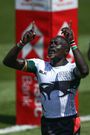 Collins Injera of Kenya celebrates after scoring a try during the match between South Africa and Kenya at the 2020 HSBC Sevens at FMG Stadium Waikato. (Photo by Hagen Hopkins/Getty Images)