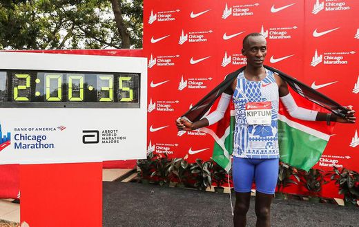 File image of the late Kelvin Kiptum after setting a new Marathon World Record in Chicago