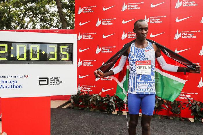 File image of the late Kelvin Kiptum after setting a new Marathon World Record in Chicago
