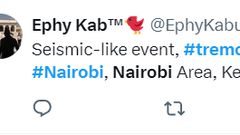 Kenyans on social media reported a tremor in Nairobi and surrounding areas