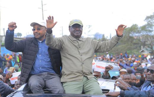 Azimio leader Raila Odinga and Mwangi wa Iria during the Saba Saba protest rally at Kamukunji grounds in Nairobi on July 7, 2023
