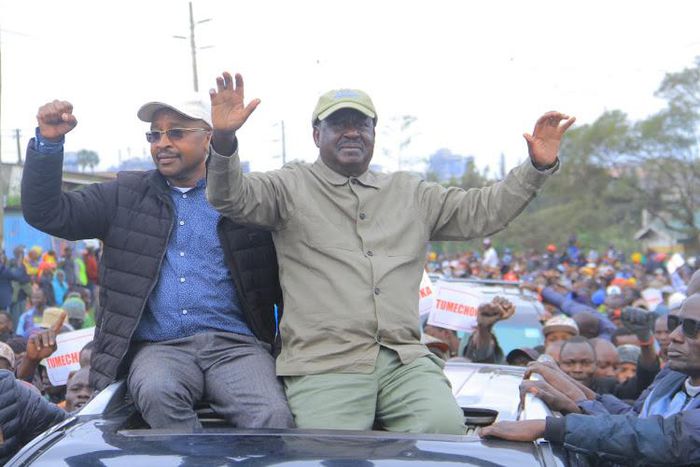 Azimio leader Raila Odinga and Mwangi wa Iria during the Saba Saba protest rally at Kamukunji grounds in Nairobi on July 7, 2023