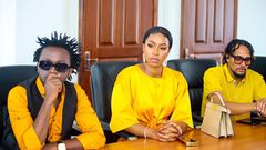 Musicians Bahati, Diana Marua and KRG The Don during a meeting at UDA headquarters in Nairobi on April 12, 2023