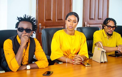 Musicians Bahati, Diana Marua and KRG The Don during a meeting at UDA headquarters in Nairobi on April 12, 2023