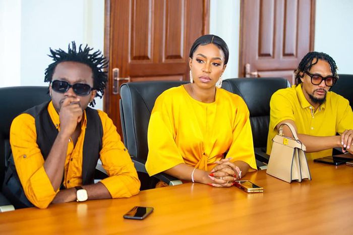 Musicians Bahati, Diana Marua and KRG The Don during a meeting at UDA headquarters in Nairobi on April 12, 2023