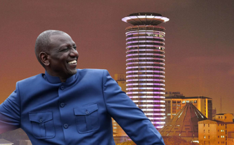 A collage of President William Ruto and KICC building in Nairobi