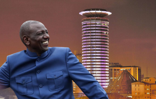 A collage of President William Ruto and KICC building in Nairobi