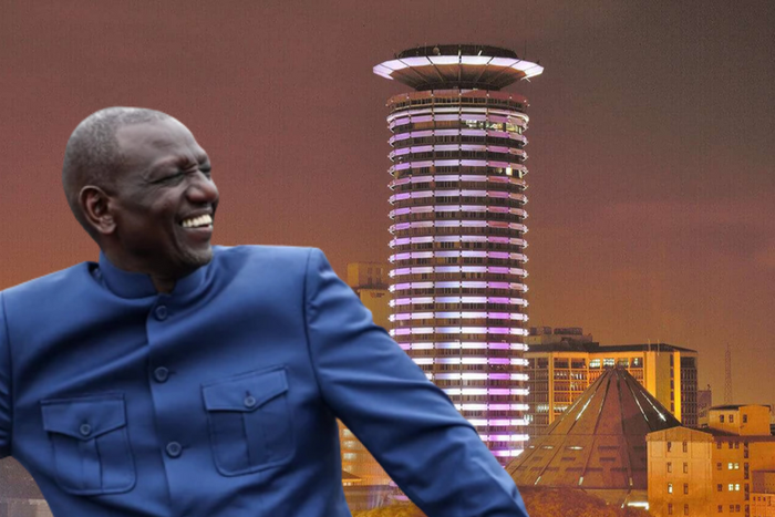 A collage of President William Ruto and KICC building in Nairobi