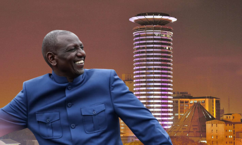 A collage of President William Ruto and KICC building in Nairobi