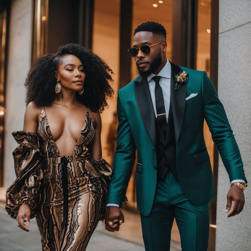 An AI-generated image of a well-dressed couple holding hands