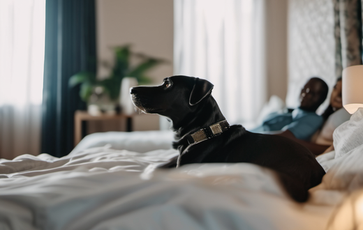 A couple in the bedroom and their dog lying in bed