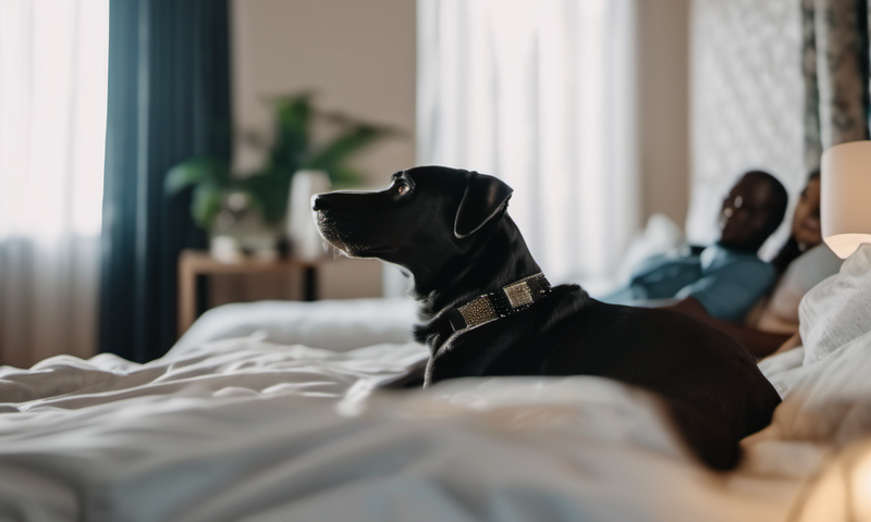 A couple in the bedroom and their dog lying in bed