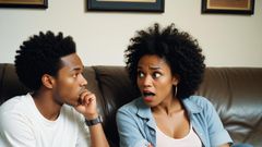 An AI-generated photo of a black couple arguing. They're sitting on a couch