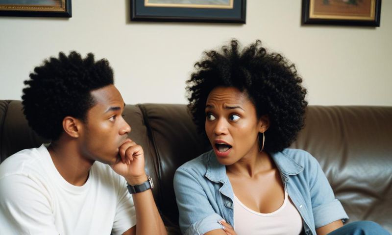 An AI-generated photo of a black couple arguing. They're sitting on a couch
