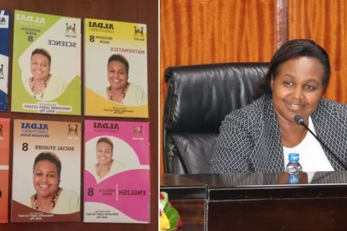 A collage image of Aldai Member of Parliament (MP) Marianne Kitany and some of the books she donated to schools in her constituency