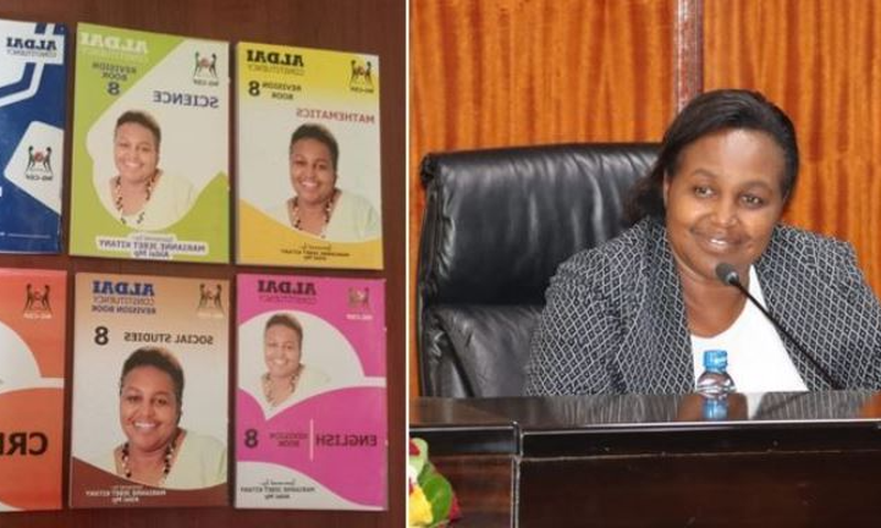 A collage image of Aldai Member of Parliament (MP) Marianne Kitany and some of the books she donated to schools in her constituency