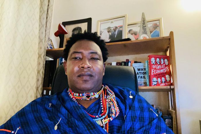 File image of Narok Senator Ledama Olekina attending a virtual Senate session in traditional attire