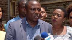 File image of Kimani Ichungwah addressing the press at a past event. Looking on is Muranga Woman Reperesentative Sabina Chege
