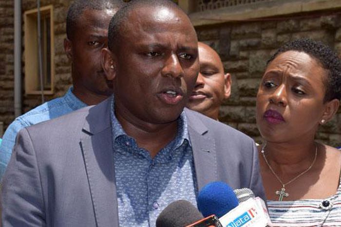 File image of Kimani Ichungwah addressing the press at a past event. Looking on is Muranga Woman Reperesentative Sabina Chege