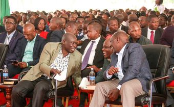 President William Ruto and his Deputy Rigathi Gachagua share a light moment with Dennis Itumbi during a thanks giving prayer service held in Kerugoya on January 22, 20223