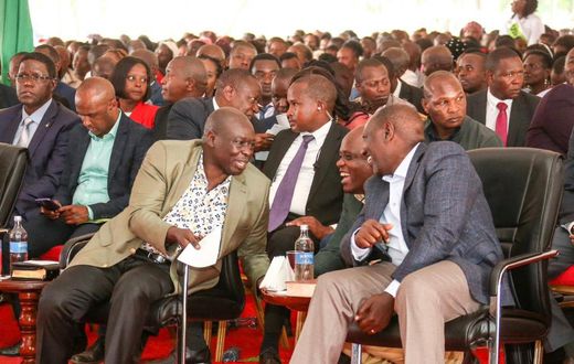 President William Ruto and his Deputy Rigathi Gachagua share a light moment with Dennis Itumbi during a thanks giving prayer service held in Kerugoya on January 22, 20223