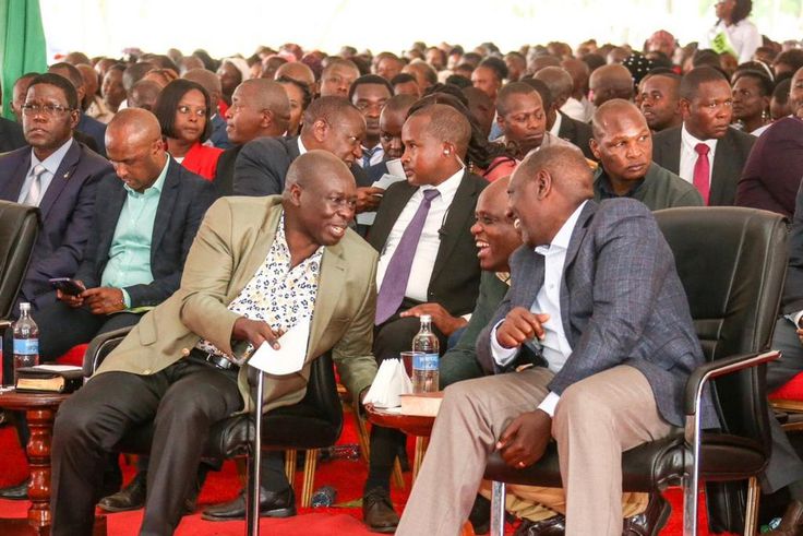 President William Ruto and his Deputy Rigathi Gachagua share a light moment with Dennis Itumbi during a thanks giving prayer service held in Kerugoya on January 22, 20223