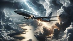 An AI generated scene depicting a commercial airplane being struck by lightning in the sky
