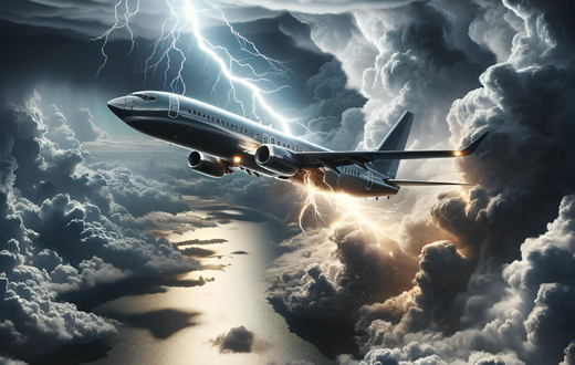 An AI generated scene depicting a commercial airplane being struck by lightning in the sky