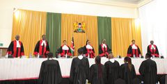 Kenya's Supreme Court judges (L-R) Isaac Lenaola, Smokin Wanjala, DCJ Philomena Mwilu, CJ Martha Koome, Mohamed Ibrahim, Njoki Ndung'u and William Ouko during day one of hearing the consolidated presidential election petition on August 31, 2022 [Photo: Zakheem Rajan]