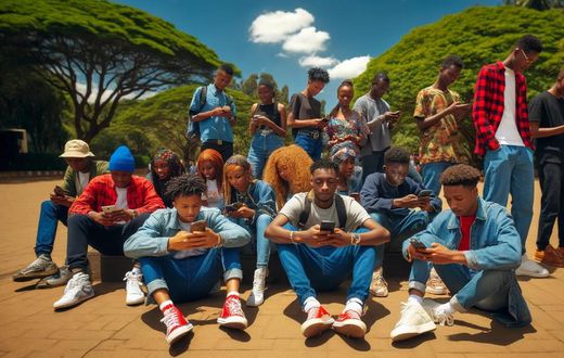 An AI-generated depiction of Kenyan GenZ youths of diverse appearance sitting and standing in a park