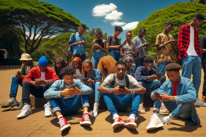 An AI-generated depiction of Kenyan GenZ youths of diverse appearance sitting and standing in a park
