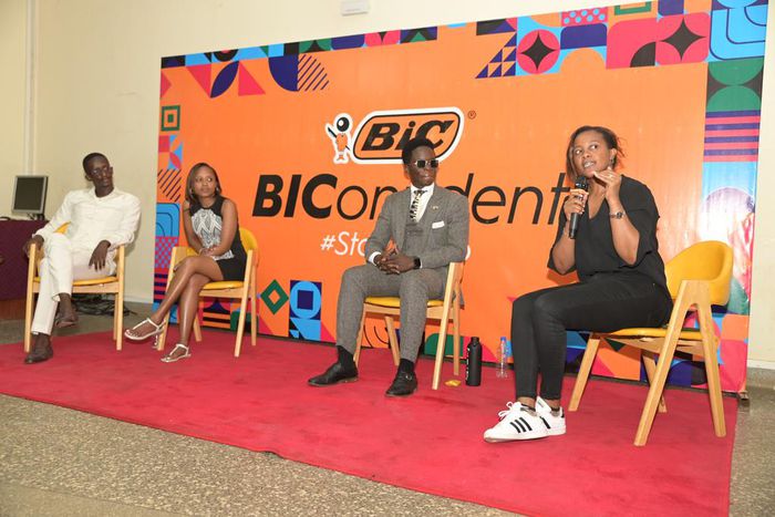 Comedian and Media Personality Njugush, Media Personality Shixx Kapienga, Mental Health activist Kasmuel McOure and BIC East Africa Head of Marketing Salome Ngugi during the panel discussion on Confidence and Wellness