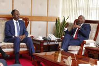 Interior CS Kithure Kindiki with his Somalia counterpart Mohamed Ahmed Sheikh Ali for a high-level ministerial meeting on cross-border cooperation between the Republic of Kenya and the federal government of Somalia.