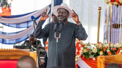 Raila Odinga addressing mourners inn Kanduyi, Bungoma county during the burial service of former MP Lawrence Sifuna