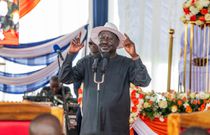 Raila Odinga addressing mourners inn Kanduyi, Bungoma county during the burial service of former MP Lawrence Sifuna