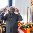 Raila Odinga addressing mourners inn Kanduyi, Bungoma county during the burial service of former MP Lawrence Sifuna