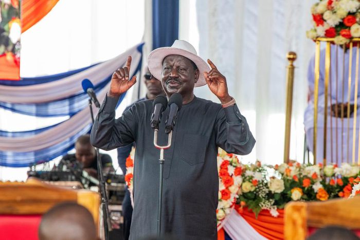 Raila Odinga addressing mourners inn Kanduyi, Bungoma county during the burial service of former MP Lawrence Sifuna