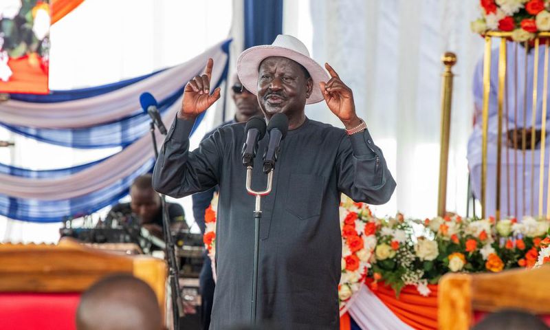 Raila Odinga addressing mourners inn Kanduyi, Bungoma county during the burial service of former MP Lawrence Sifuna