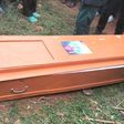 An empty coffin which was found dumped at the gate to a homestead in Kisii County on Thursday morning