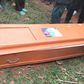 An empty coffin which was found dumped at the gate to a homestead in Kisii County on Thursday morning