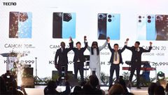 From left, Antony Brian Otieno, Retail Manager, TECNO Kenya, Ray Fang, Country Manager, TECNO, CAMON 20 series Brand Ambassador, Nyashinski, TECNO Kenya Brand Manager, Peter Shi and Product & Training Manager, Linus Ngutui celebrate the official launch...