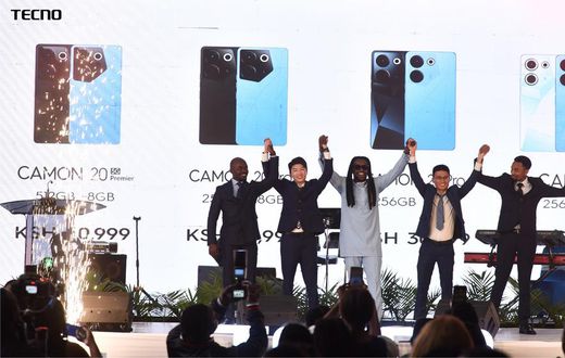 From left, Antony Brian Otieno, Retail Manager, TECNO Kenya, Ray Fang, Country Manager, TECNO, CAMON 20 series Brand Ambassador, Nyashinski, TECNO Kenya Brand Manager, Peter Shi and Product & Training Manager, Linus Ngutui celebrate the official launch...