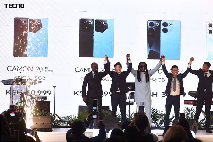 From left, Antony Brian Otieno, Retail Manager, TECNO Kenya, Ray Fang, Country Manager, TECNO, CAMON 20 series Brand Ambassador, Nyashinski, TECNO Kenya Brand Manager, Peter Shi and Product & Training Manager, Linus Ngutui celebrate the official launch...