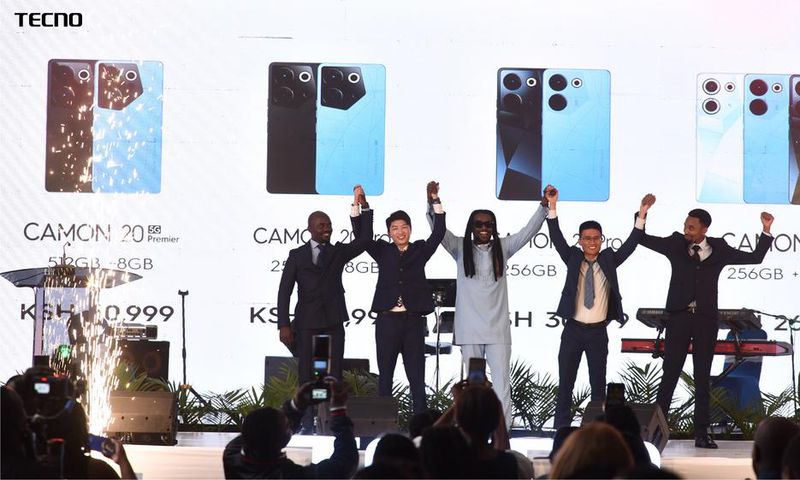 From left, Antony Brian Otieno, Retail Manager, TECNO Kenya, Ray Fang, Country Manager, TECNO, CAMON 20 series Brand Ambassador, Nyashinski, TECNO Kenya Brand Manager, Peter Shi and Product & Training Manager, Linus Ngutui celebrate the official launch...