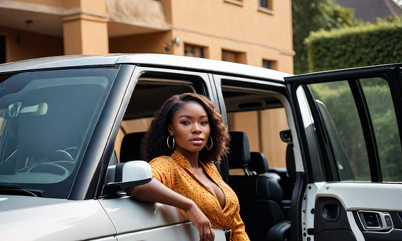 An AI-generated image of a very beautiful African lady coming out of a Range Rover