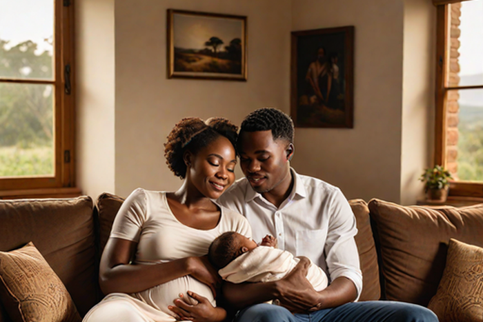 An AI-generated image of a couple sited on a sofa and carrying a child (Source - Hotpot.ai)